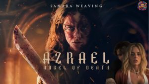 Scene from “Azrael” (2024) featuring Samara Weaving in a tense moment in the forest.