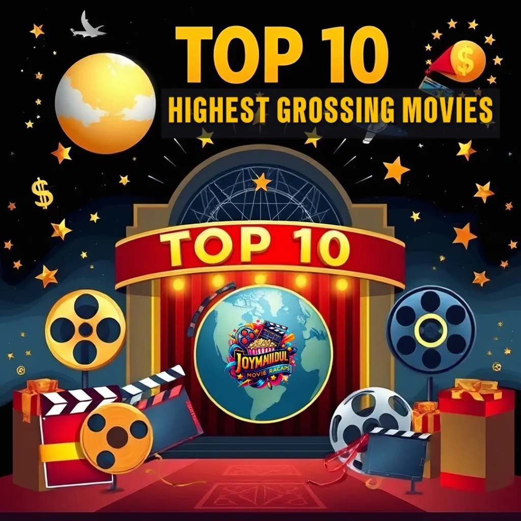 Top 10 highest-grossing movies of all time, featuring iconic movie posters and box office records.