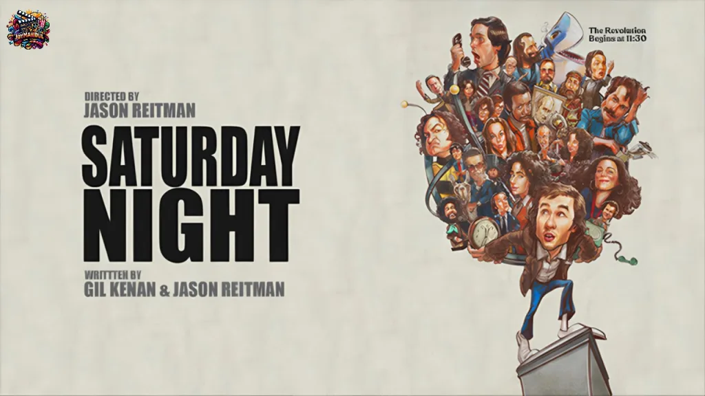 "Poster of the movie 'Saturday Night' (2024) featuring the main cast"