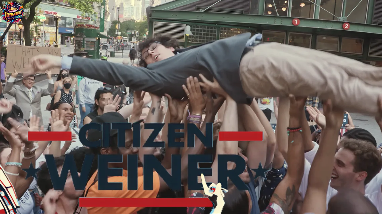 A scene from Citizen Weiner (2024), featuring Zack Weiner campaigning in New York City with his quirky team of supporters.