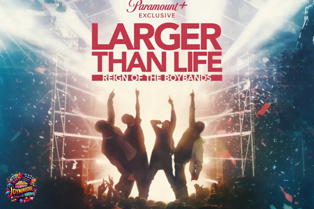 Documentary cover image for Larger Than Life: Reign of the Boybands. It shows members of famous boybands from the 60s to today's K-pop stars, now available on Paramount Plus.